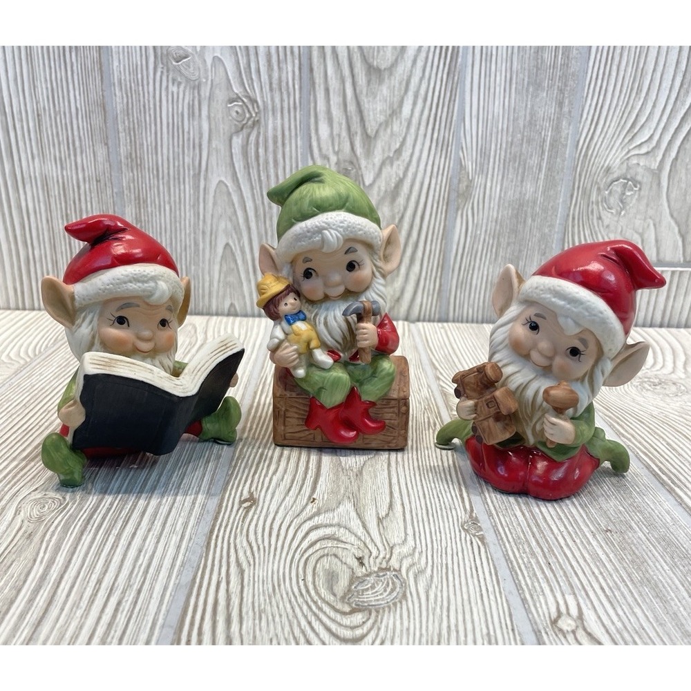 Vintage HOMCO #5406 Santa's ELVES Set of 3 Figurines Christmas Holiday Ceramic